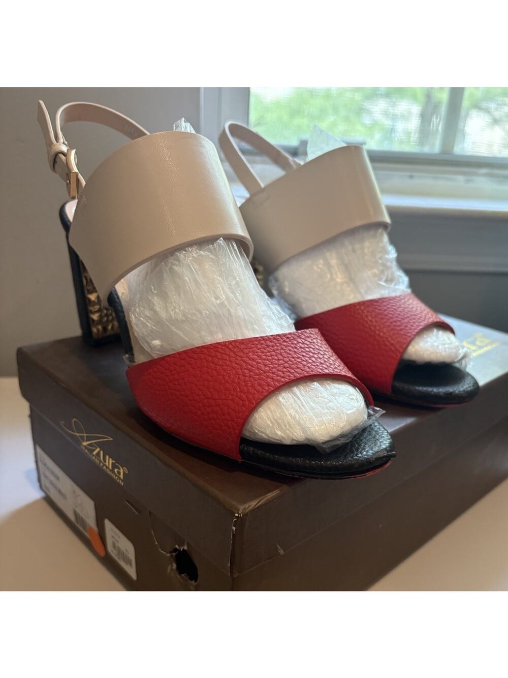 Women’s Block Heel Sandal 3.5” Heel Azura Red and Pink Size 9